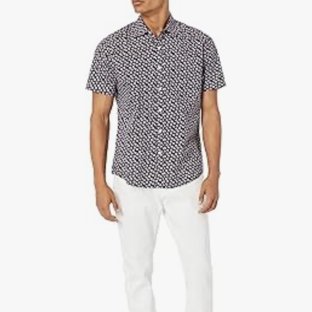 Amazon Essentials Dark Blue Shirt with Pink Shell Pattern- XL NEW